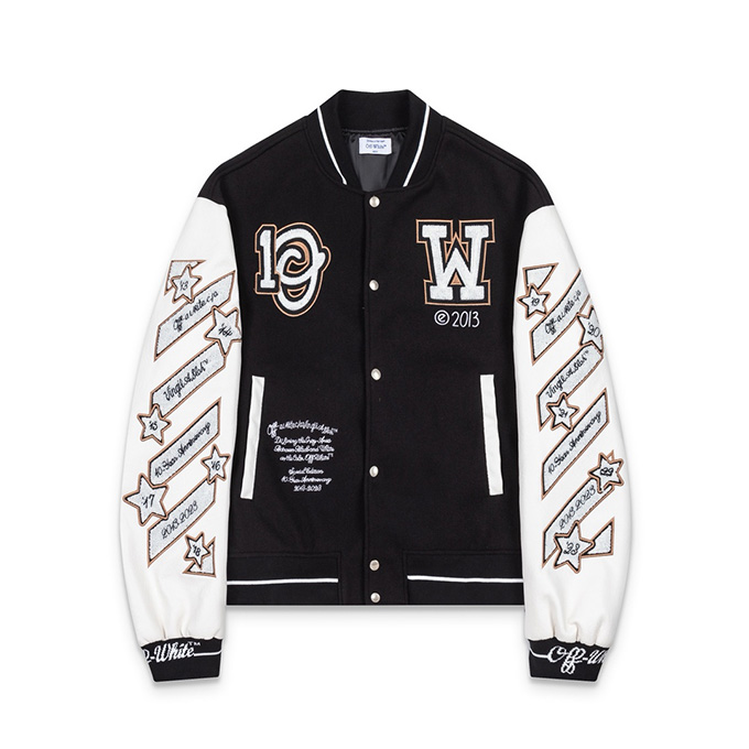 off white heavy embroidery color block varsity jacket